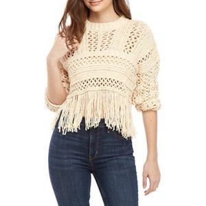 Free People Higher Love Fringe Crochet Ivory Cream Sweater, Size Small